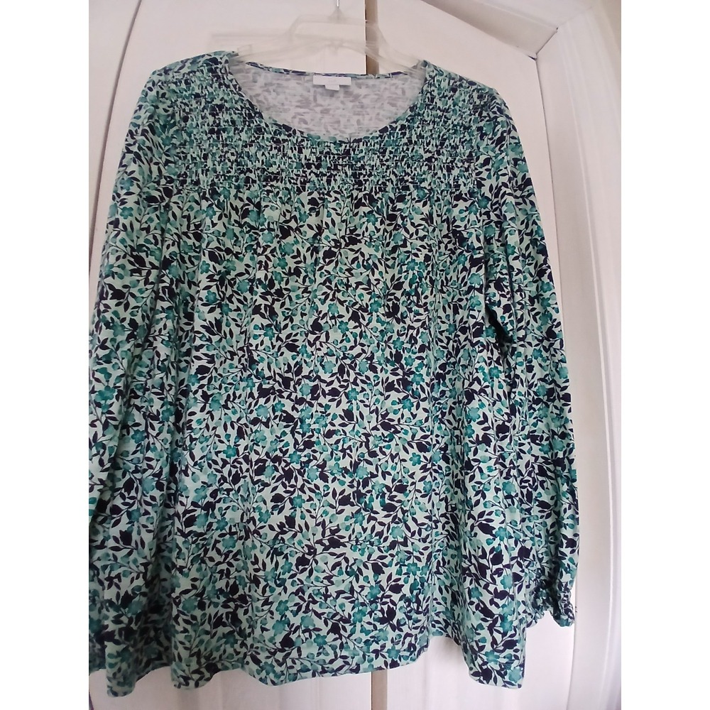 J‎ Jill Wearever Floral Top Size L Green Casual Stretch Gathered Rouched